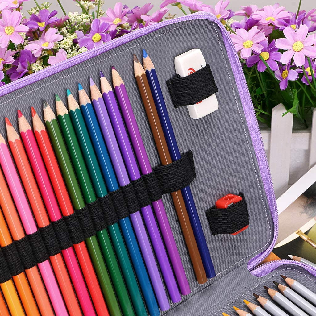 200 Slots Colored Pencil Organizer Case Holder With Removable Handle PU Leather Large Capacity For Colored Pencils And Watercolor Pencils Purple