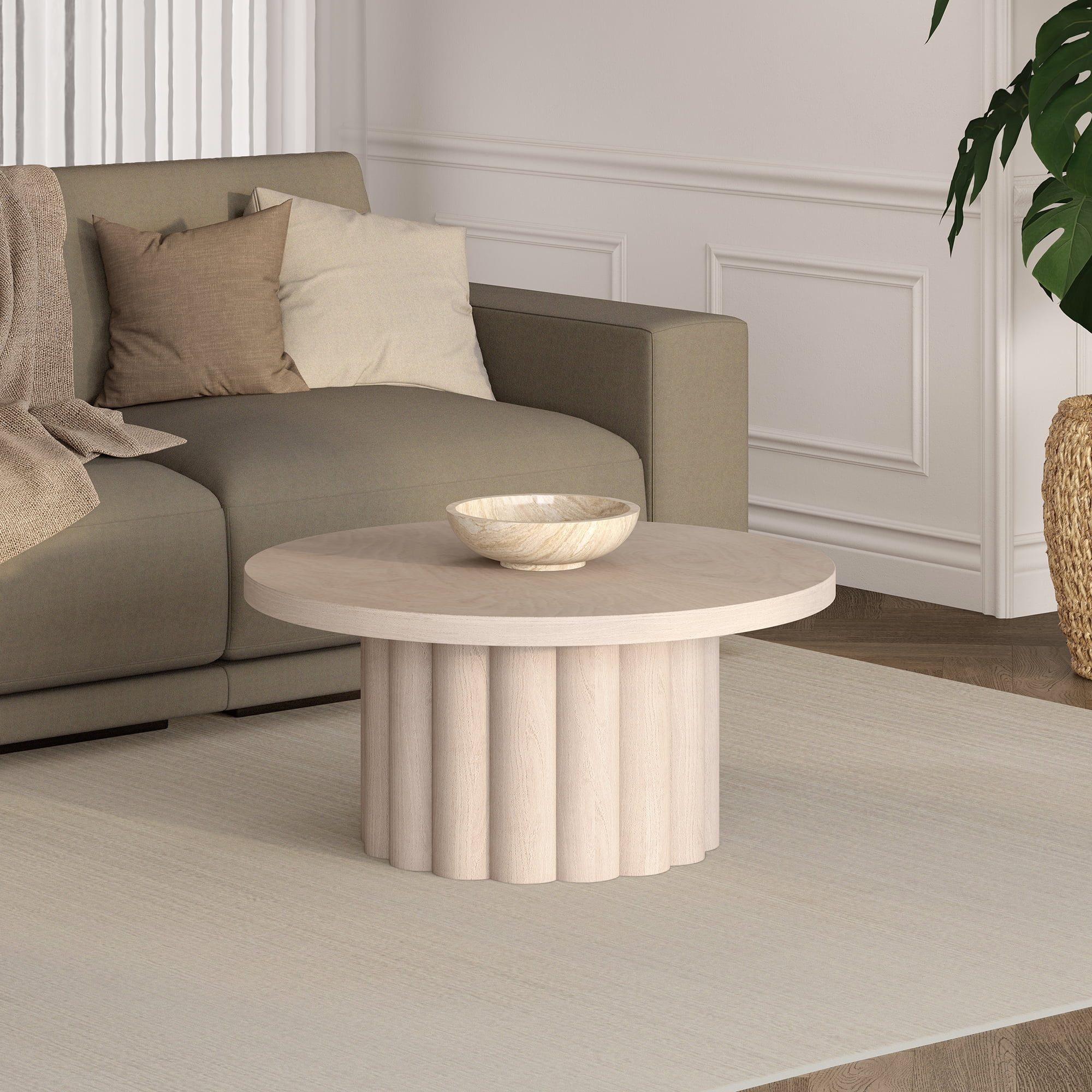 Olie 32" Wide Round Fluted Coffee Table in Alder White