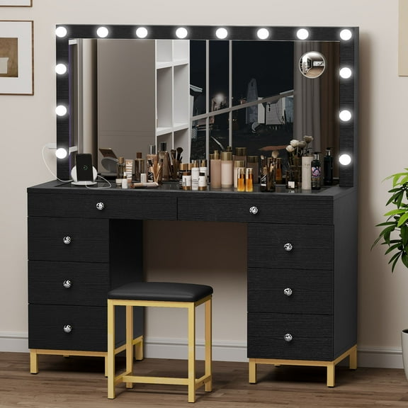 Craftian 45.5" Large Makeup Vanity Desk Set with Mirror and Lights, Dressing Table with Charging Station, Makeup Table with 8 Drawers - Black