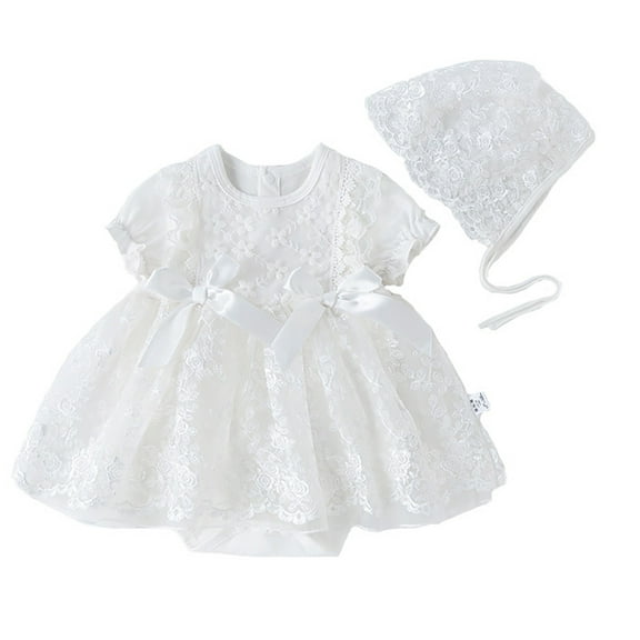 FYMNSI Toddler Girl Short Sleeve Summer Floral Tutu Dress Tulle Outfit Baby Baptism Christening Dresses with Hat 0-3 Months White