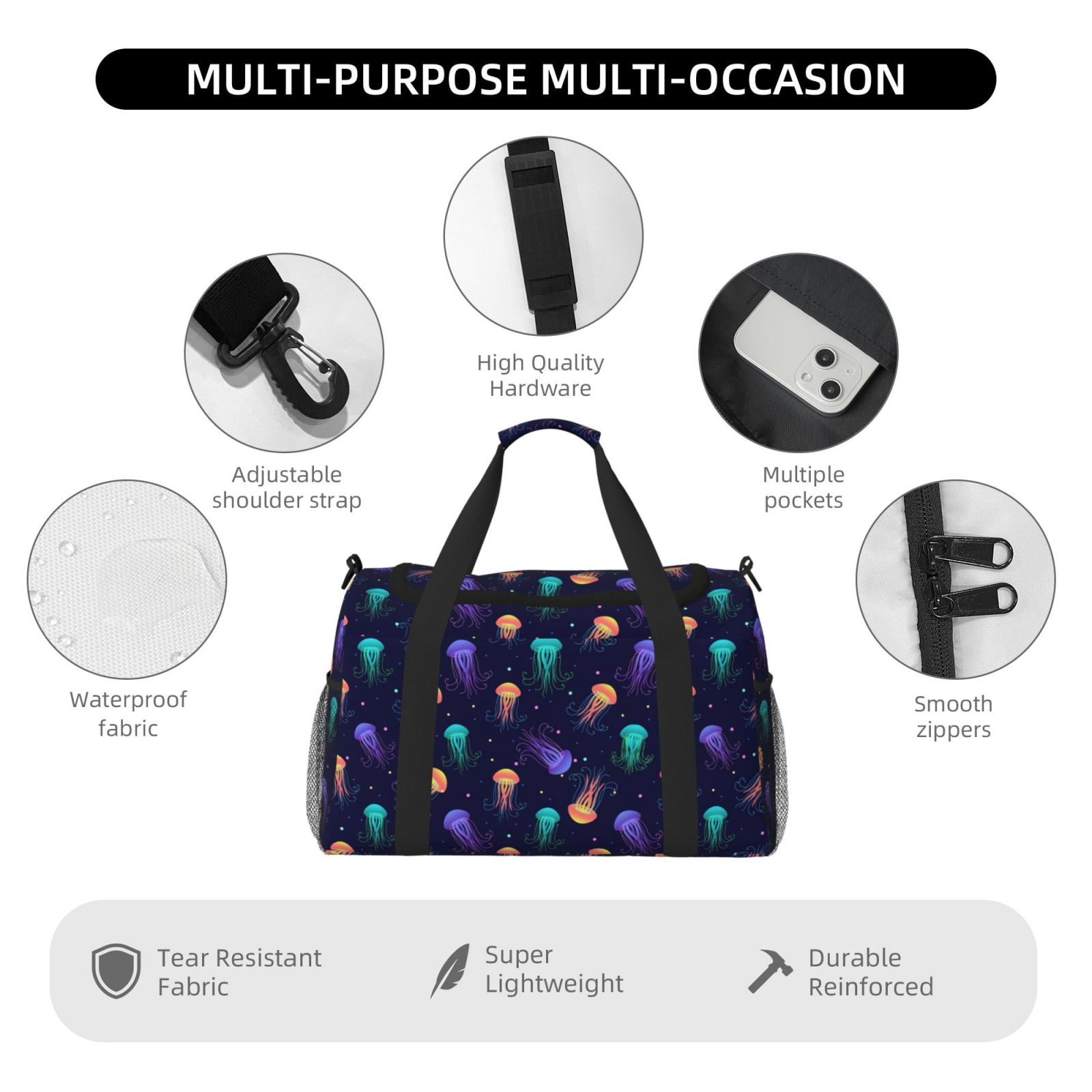 Fuzoiu Sea Jellyfish Print Travel Duffle Bag,Carry On Tote Bags,Duffel Bag,Sport Gym Bag, Hospital Bag for Labor and Delivery, Overnight Bag,Luggage Bag