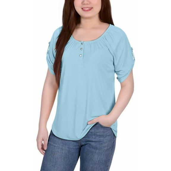NY Collection Womens Petites Solid Short Sleeve Blouse
