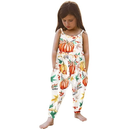 

TMOYZQ Toddler Baby Girls One Piece Sling Jumpsuit Outfit Summer Cute Sleeveless Bodysuit Casual Soft Halloween Pumpkin Print Romper Loose High-Waisted Pants with Pockets Gifts for Your Kids