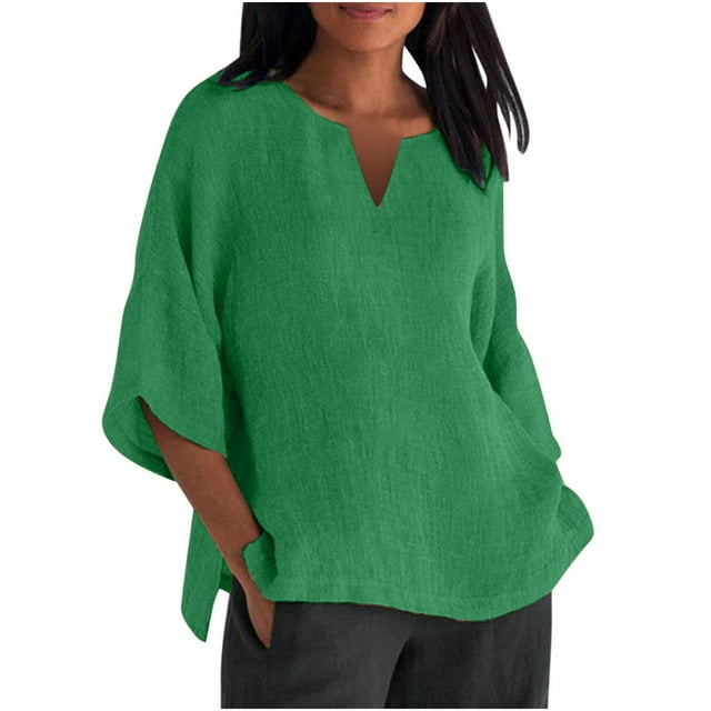 UPPADA Hauts pour Femmes Tendance Chemises Manches 3/4 Habillées Décontractées Blouses en Lin Couleur Unie Col Rond Chandail Été Printemps Hauts