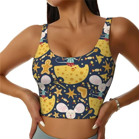 Jgfou Mouse Cheese Print Womens Sports Bra - Padded Workout Sports Bras Crop Tank Top