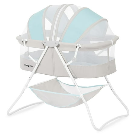 Dream On Me Karley Bassinet in Blue and Grey, Quick Fold and Easy to Carry, Large Storage Basket