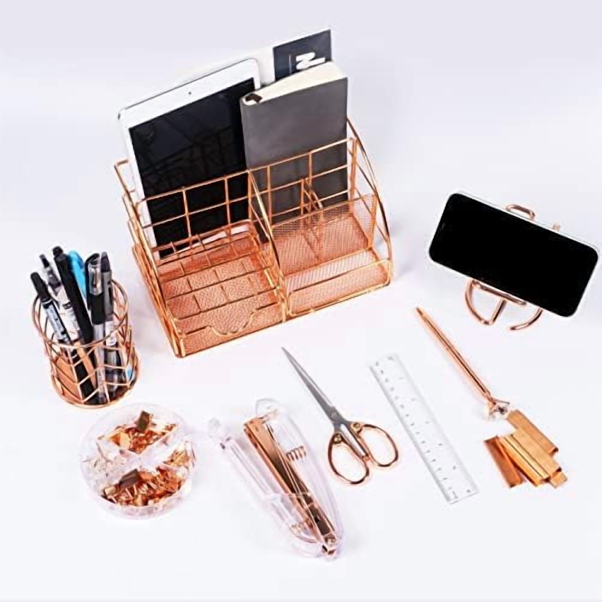 YNGLLC Rose Gold Desk Organizers and Accessories Office Supplies Set Stapler, Pen Holder, Phone Holder, Scissors, Pen, Ruler, 30 Paper Clips, 22 Binder Clip, 20 Tacks and 1000pcs Staples