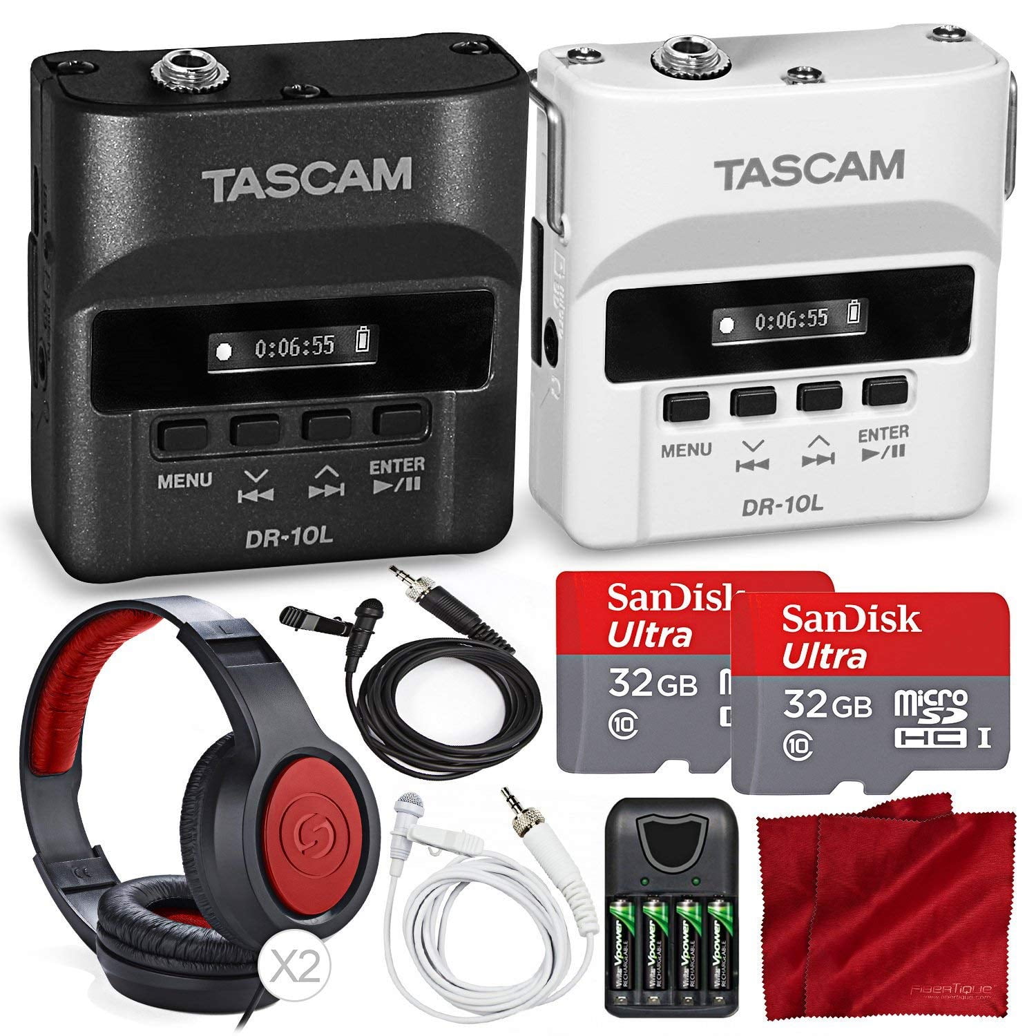 Tascam DR-10L & DR10W Bride and Groom Digital Audio Recorder Bundle with  Lavalier Mics, W/ 2X 32 GB Micro SD, 2 x Samson headphones, and FiberTique  cloth - Walmart.com