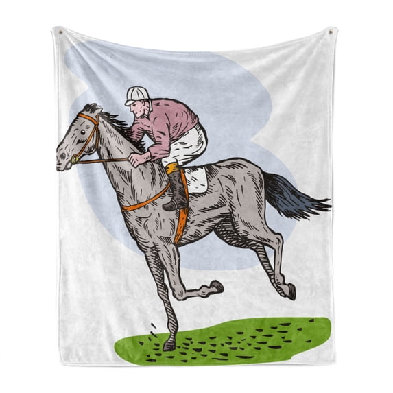 Animal Soft Flannel Fleece Blanket, Sketchy Horse Racing Theme Jockey Pony Stallion Riding on Field Retro Illustration, Cozy Plush for Indoor and Outdoor Use, 50" x 60", Multicolor, by Ambesonne