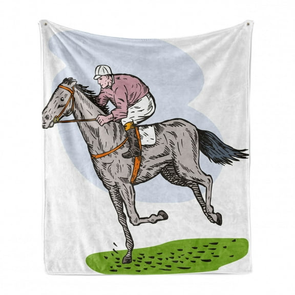 Animal Soft Flannel Fleece Blanket, Sketchy Horse Racing Theme Jockey Pony Stallion Riding on Field Retro Illustration, Cozy Plush for Indoor and Outdoor Use, 50" x 60", Multicolor, by Ambesonne