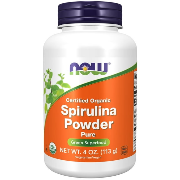 NOW Supplements, Certified Organic, Spirulina Powder, Rich in Beta-Carotene (Vitamin A) and B-12 with naturally occurring GLA & Chlorophyll, 4-Ounce