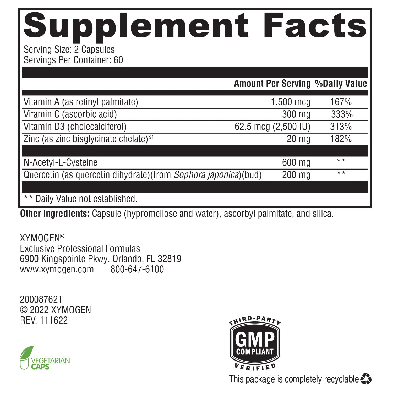 XYMOGEN Immune Essentials Daily - Vitamin C Zinc and Quercetin - Daily Immune and Antioxidant Support - Respiratory Wellness Formula - Vegan Gluten-Free - 120 Capsules