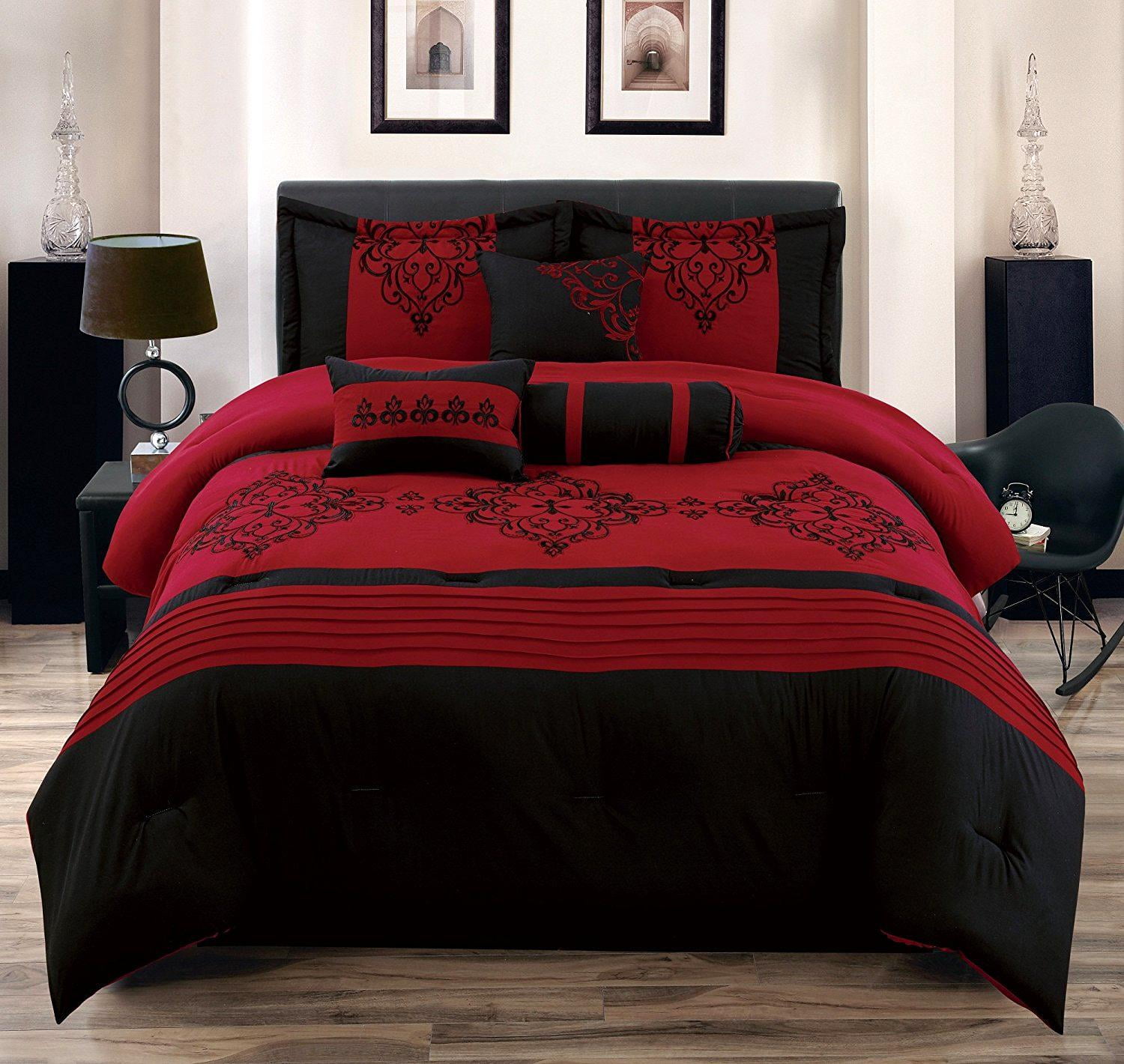 Heba Queen Size 7 Piece Comforter Set Red And Black Bed In A Bag Over Sized Embroidered Bedding