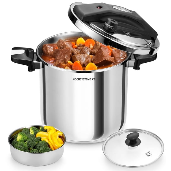 Koch Systeme CS 8.5 Quart Stainless Steel Stovetop Pressure Cooker with Glass Lid & Steamer Basket, Induction Compatible, Silver