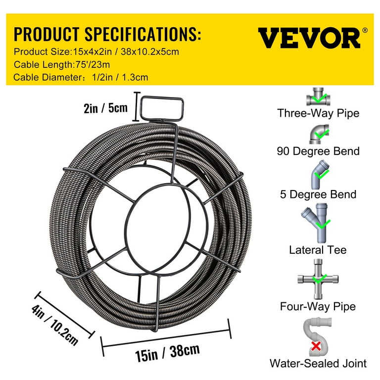 VEVORbrand Drain Cleaning Cable 75 Feet x 1 2 inch Solid Core Cable Sewer Cable Drain Auger Cable Cleaner Snake