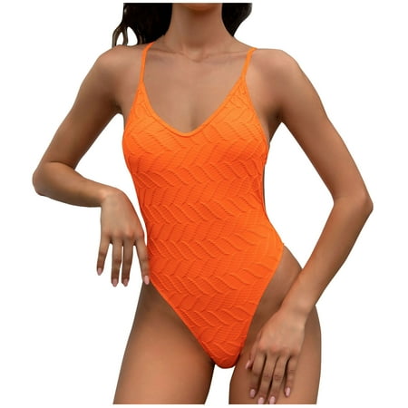 TrendVibe365 Slimming Swimsuits for Women Orange One Piece Bathing Suits Thong Crossed Straps Solid Swimwear Beachwear S