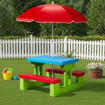 Kids Outdoor Picnic Table & Chair Set, Removable Sun Umbrella, 2 Built-In Benches for Backyard/Patio/Indoor Use