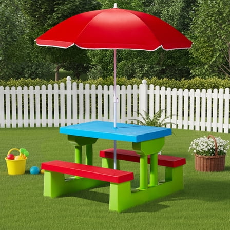 Kids Outdoor Picnic Table & Chair Set, Removable Sun Umbrella, 2 Built-In Benches for Backyard/Patio/Indoor Use