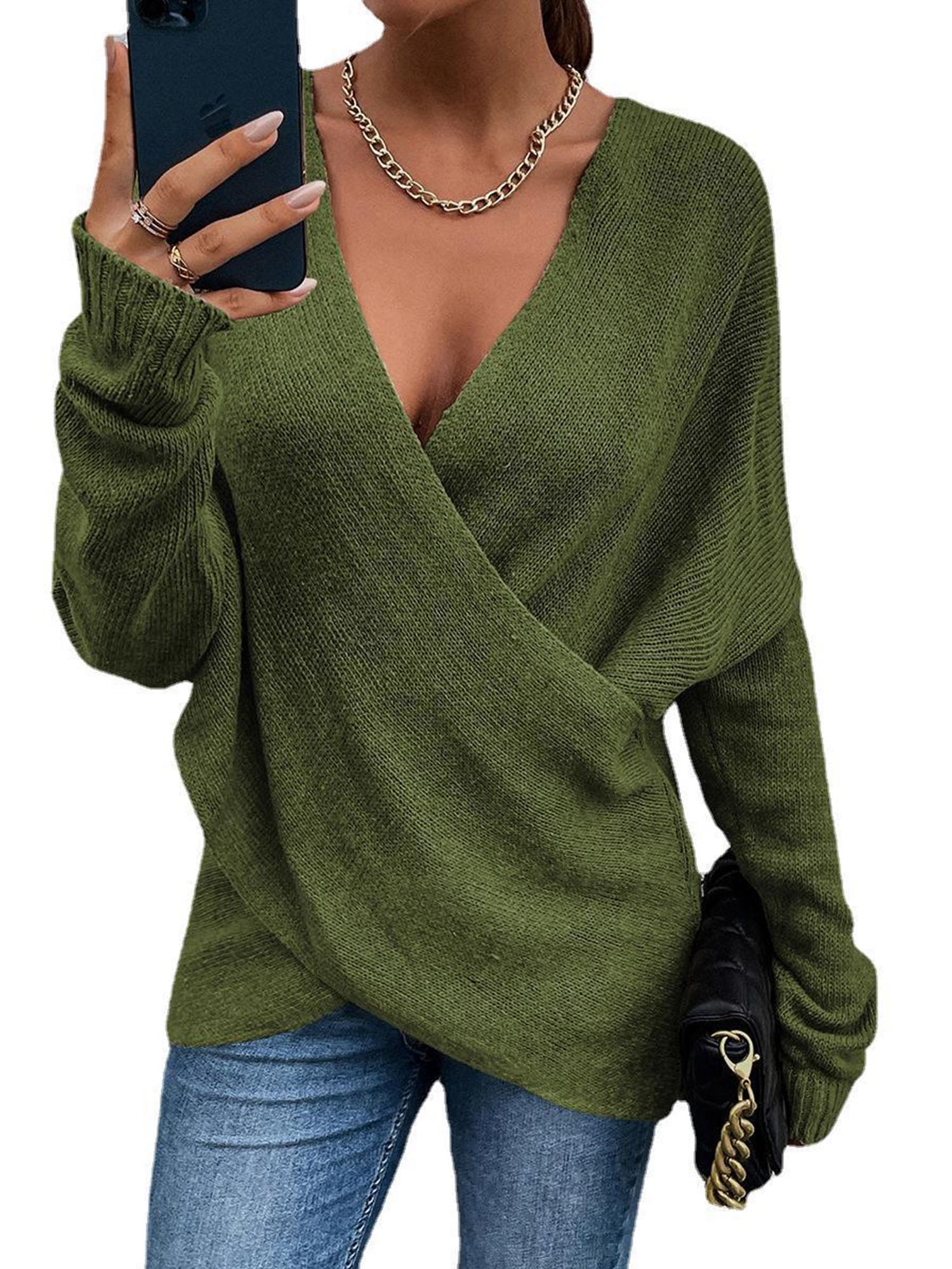 Sexy Dance Womens Deep V Neck Wrap Sweaters Long Sleeve Knit Pullover