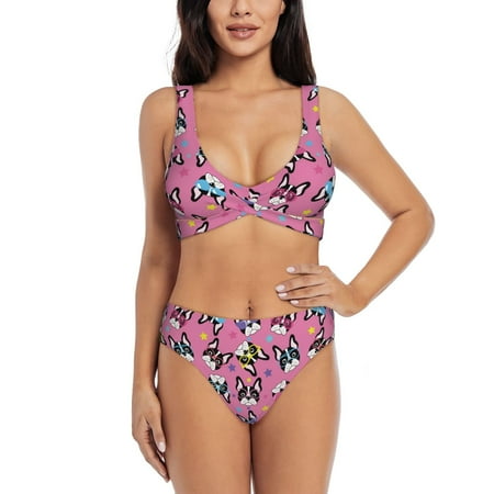 Zeuib Colorful Cute French Bulldog High Waisted Tummy Control Bikini Set - Knot Front Push Up Top & Cheeky Thong Bottom  Two-Piece Swimsuit for Women-X-Large