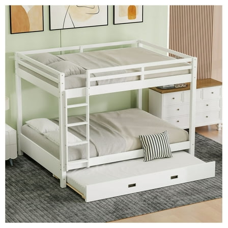 Queen Bunk Bed with Ladder & Trundle, White, Box Spring Not Required