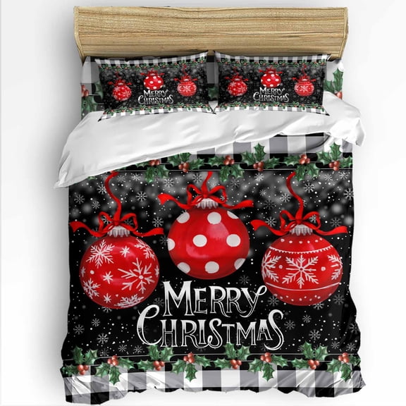 Merry Christmas Twin Size Comforter Set, Red Xmas Balls Poinsettia Black White Plaid Soft Bedding for All Seasons, 4 Pcs Bed Set with 1 Comforter (68"x86") ,1Sheet(66"x116"), 2 Pillowcases (19"x29")