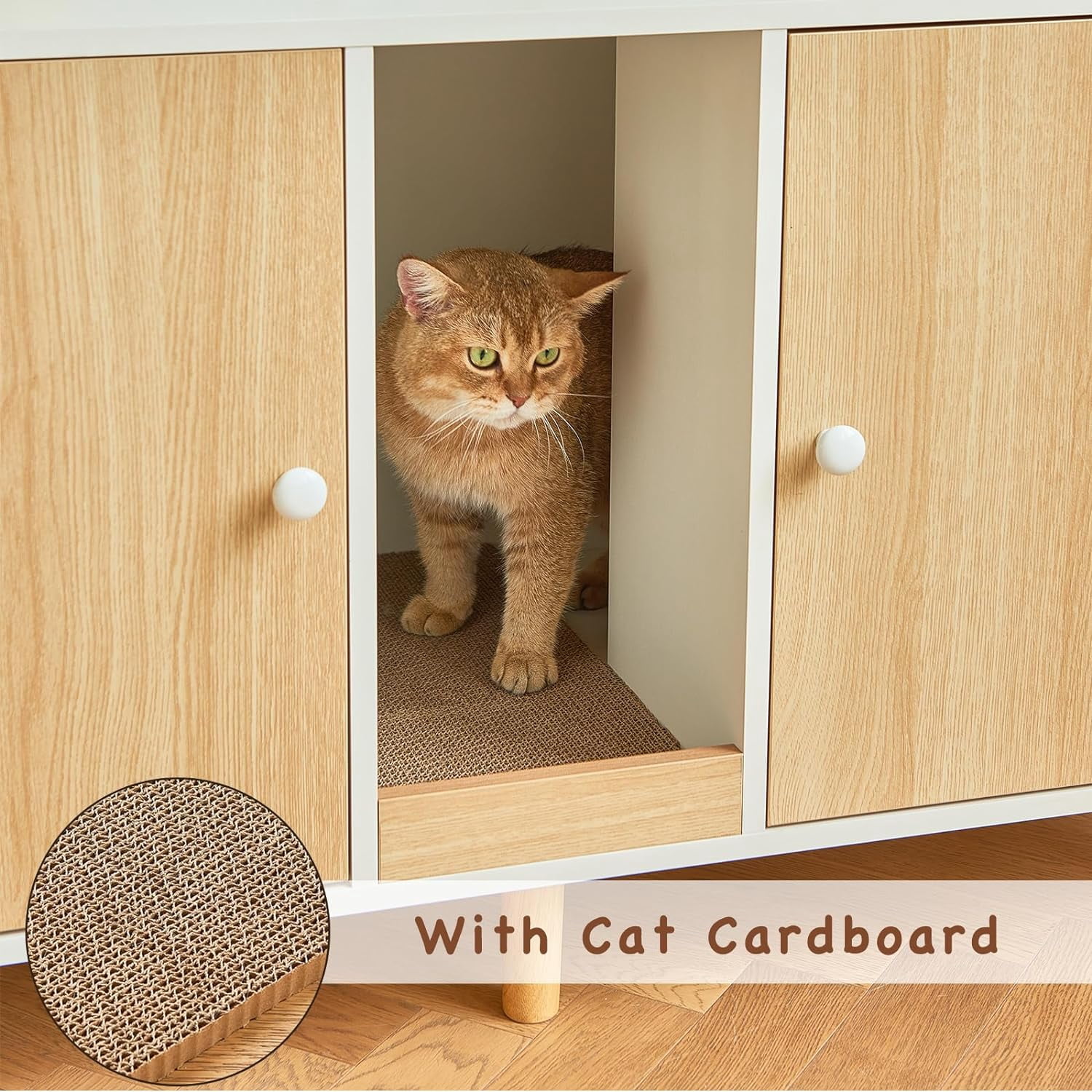 JanflyHome Litter Box Enclosure for 2 Cats, Hidden Litter Box with Double Room and Scratching Board, Cat House Kitty Washroom, Natural Wood