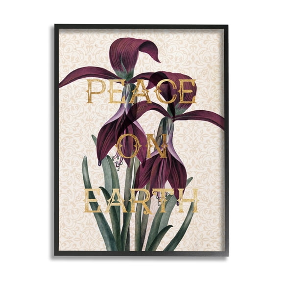 Stupell Industries Peace On Earth Phrase Purple Iris Elegant Pattern Botanical & Floral Painting Black Framed Art Print Wall Art, 16 x 20
