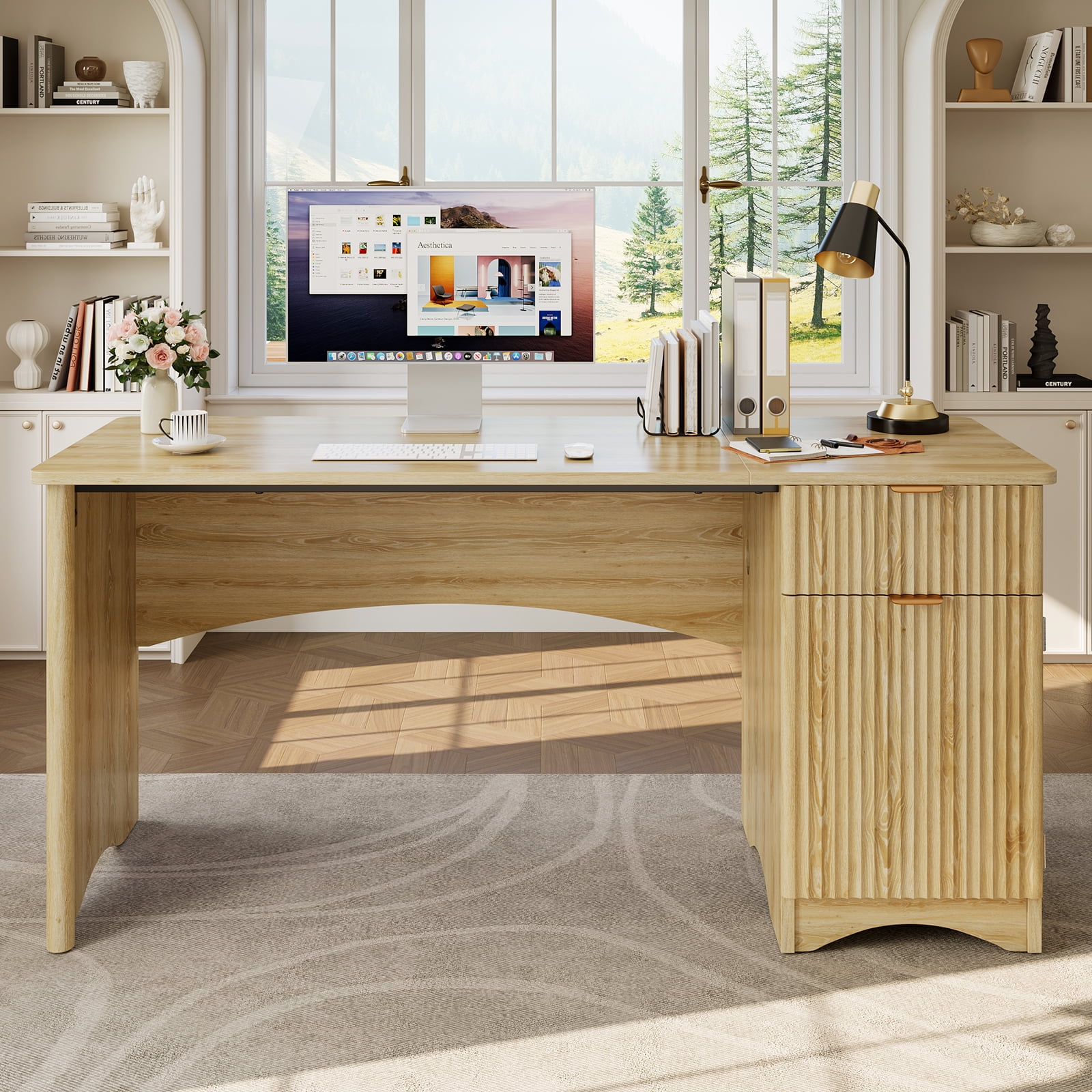 Bestier 55" Computer Desk with Drawer, Modern Home Office Desk with Storage Cabinet, Fluted PC Study Writing Desk for Small Spaces, Oak