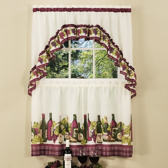 PowerSellerUSA 3-Piece Kitchen Curtain Set, Wine & Cheese Kitchen Cafe Curtain with Swag and Tier Panel Set, Perfect Window Treatment for Living Room, Bedroom and Kitchen, 58" W x 36" L