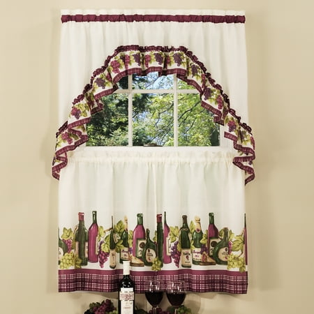 3-Piece Window Kitchen Curtain Swag Set, French Country, Wine and Cheese, Tier Pair Panels and Top (Best Cheese To Pair With Red Wine)