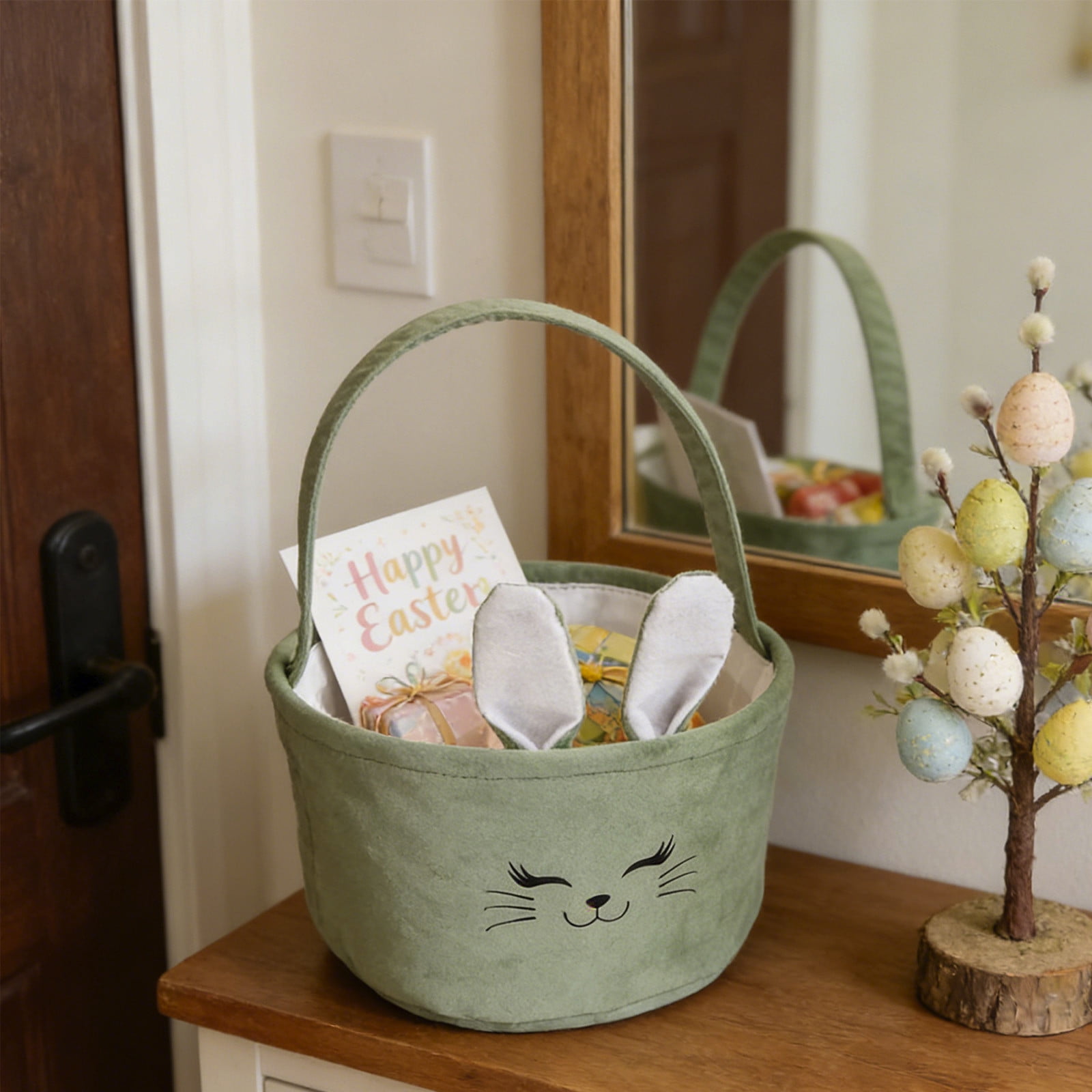 REZUOFI 2 Pcs Easter Basket with Bunny Ears Foldable Tote Bag for Egg Hunt Party Gifts Storage and Decorations Personalized Canvas Carryall