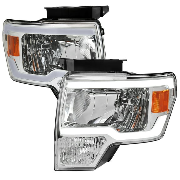 LED Tube Factory Style Headlights (Chrome Housing/Clear Lens) Made for and Compatible with 2009-2014 Ford F-150