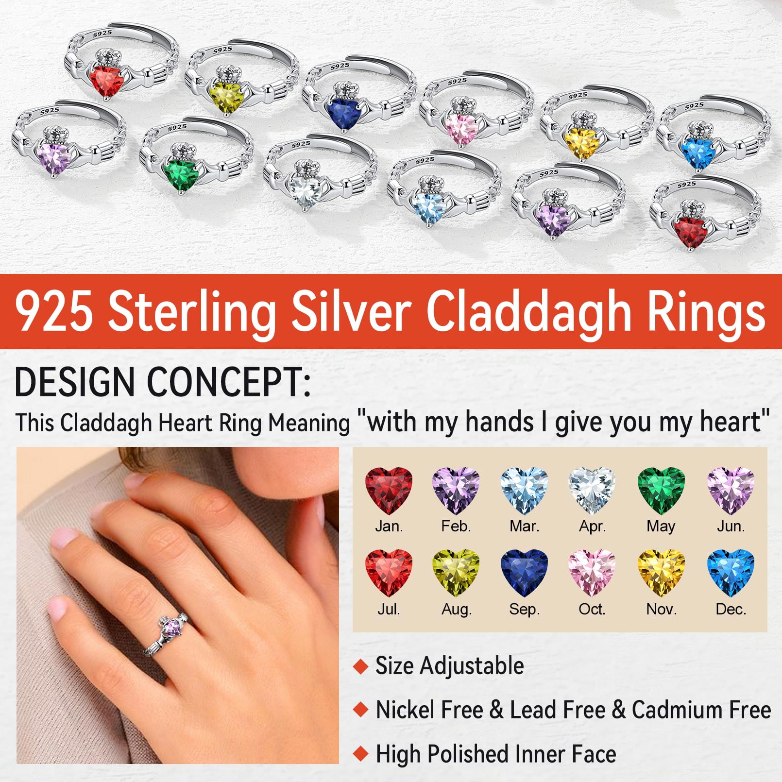 FaithHeart Irish Claddagh Heart Promise Ring for Women 925 Sterling Silver Garnet January Birthstone Celtic Knot Ring Adjustable Wedding Band Jewelry Gift for Wife Anniversary