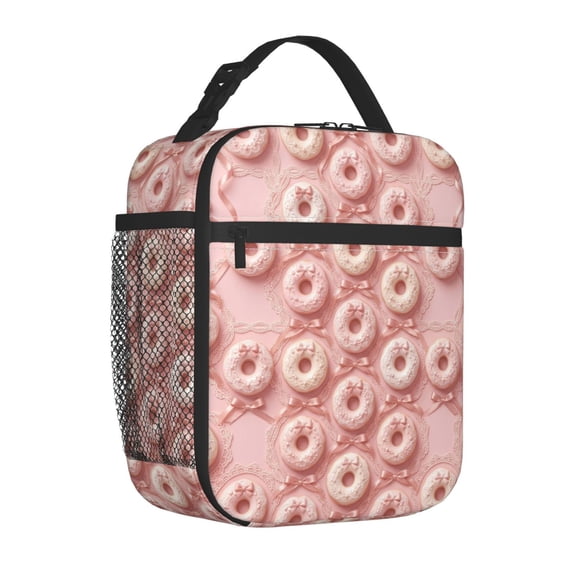 Donut Lunch Bag Insulated Reusable Cooler Tote Portable Meal Prep Bag Side Mesh Pocket Work Office Picnic Travel Daily Use Lightweight Zippered Organizer