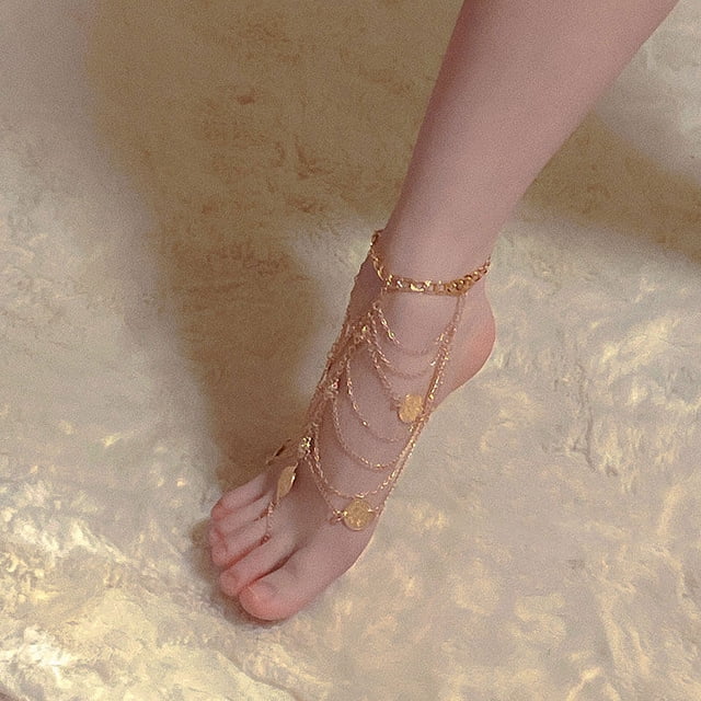 Tobillera con borla para Control de pies, estilo exótico, Retro, exótico, con cadena de Metal para mujer, estilo corte en empeine
