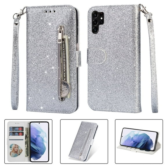 Cover For Samsung Galaxy S23 Ultra,6.8 inch Case with Wallet Card Holder,Bling Glitter Flip Leather Magnetic Kickstand Zipper Purse with Wrist Strap Case Cover,Silver