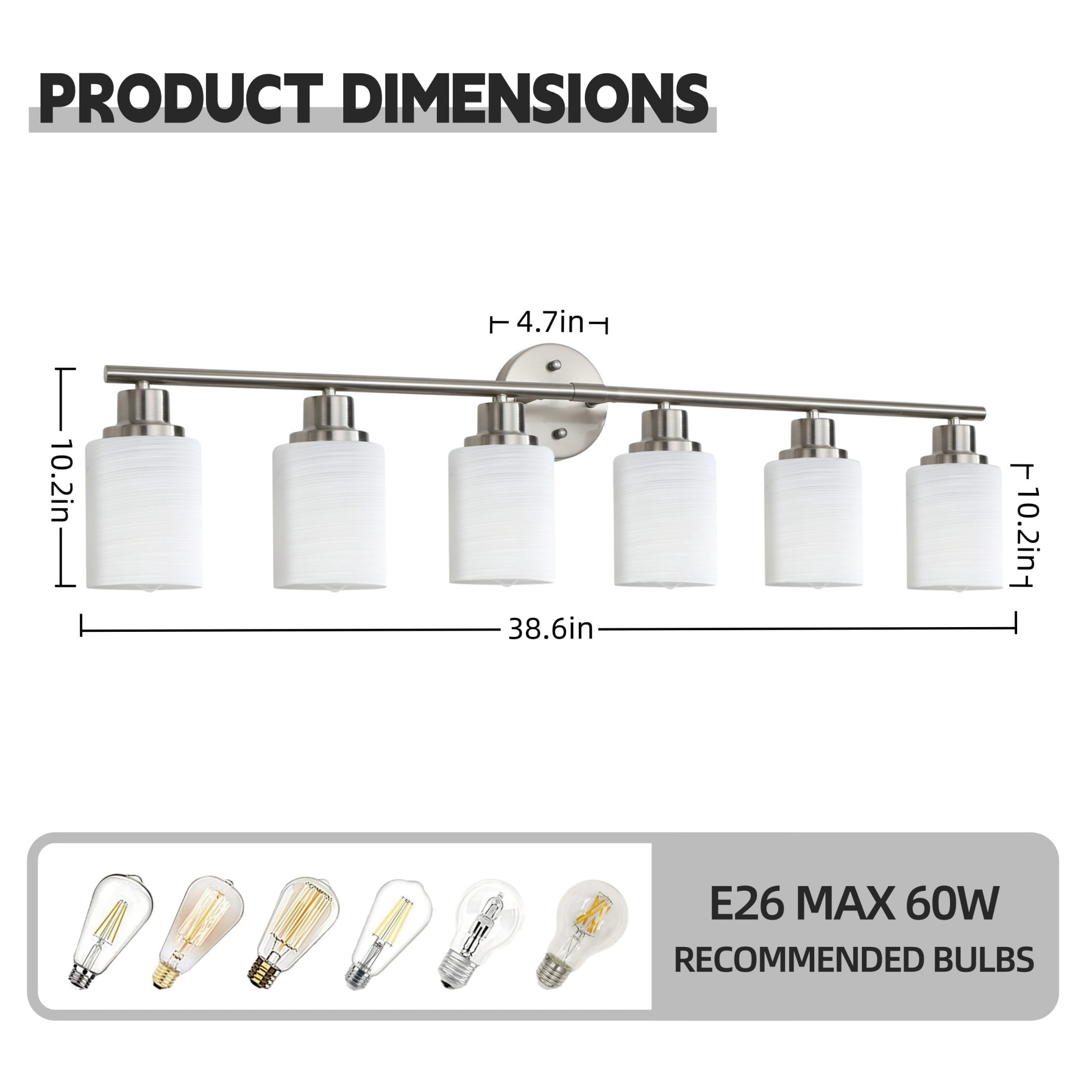 39" Modern 6-Light Brushed Nickel Vanity Light - Frosted Glass Wall Sconce for Bathroom & Hallway (Bulbs Not Included)