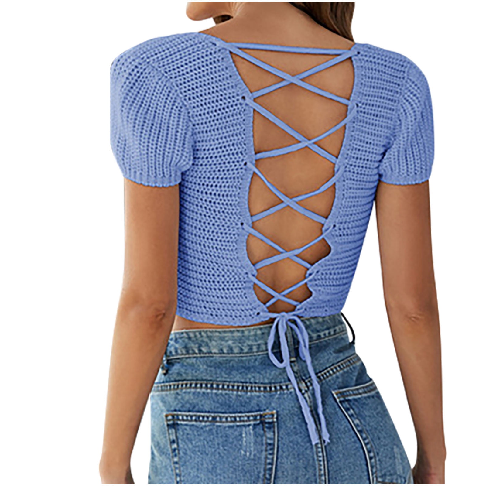 関送込 JCAESAR RIBBED KNIT SHORT SLEEVE YYDGH Women's Lace Crochet Crop Top Hollow Out Short Sleeve