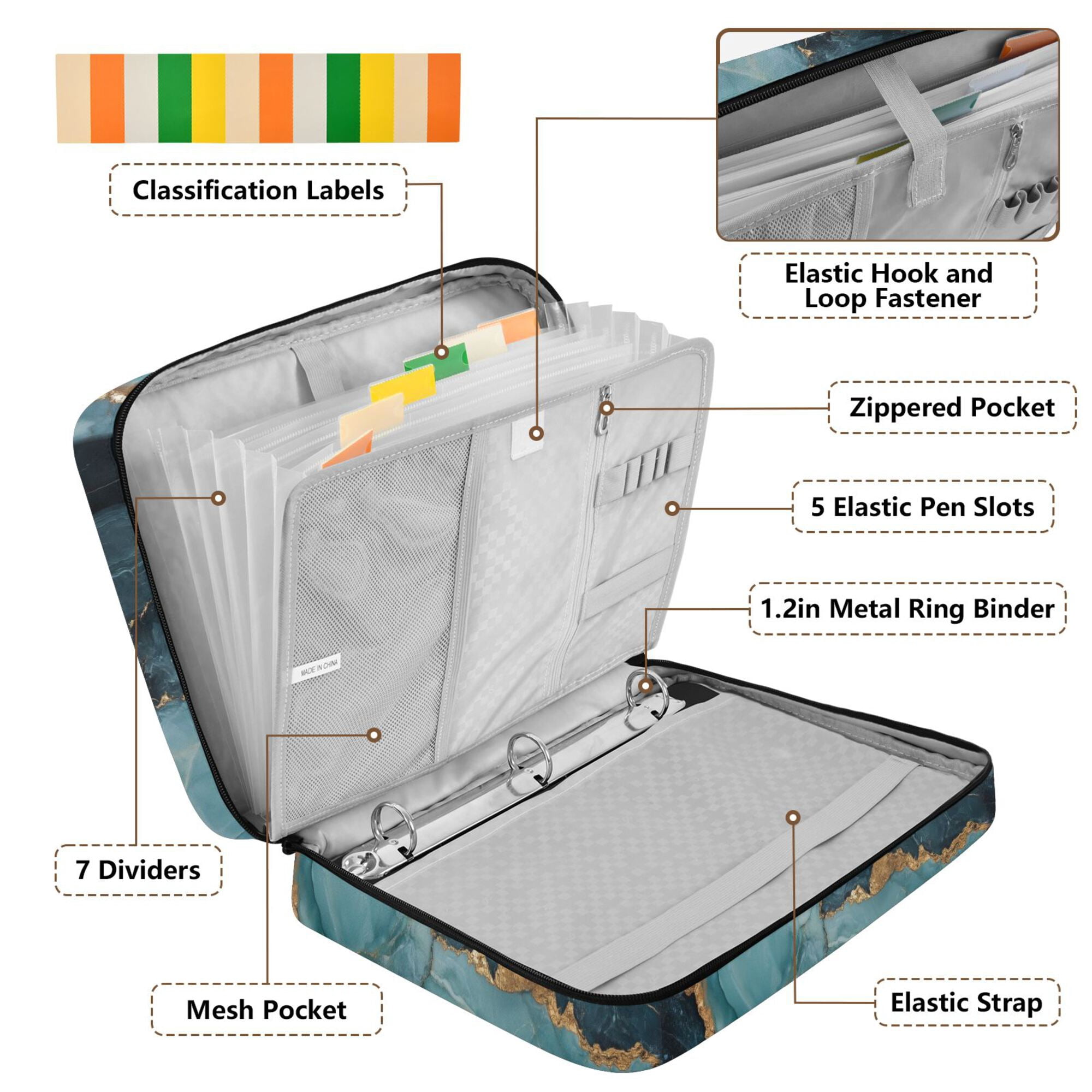 FORMRS Accordion File Folder A4 Size 7-Pocket Expanding Document Organizer Bag with 3 Ring Binder, Black Marble