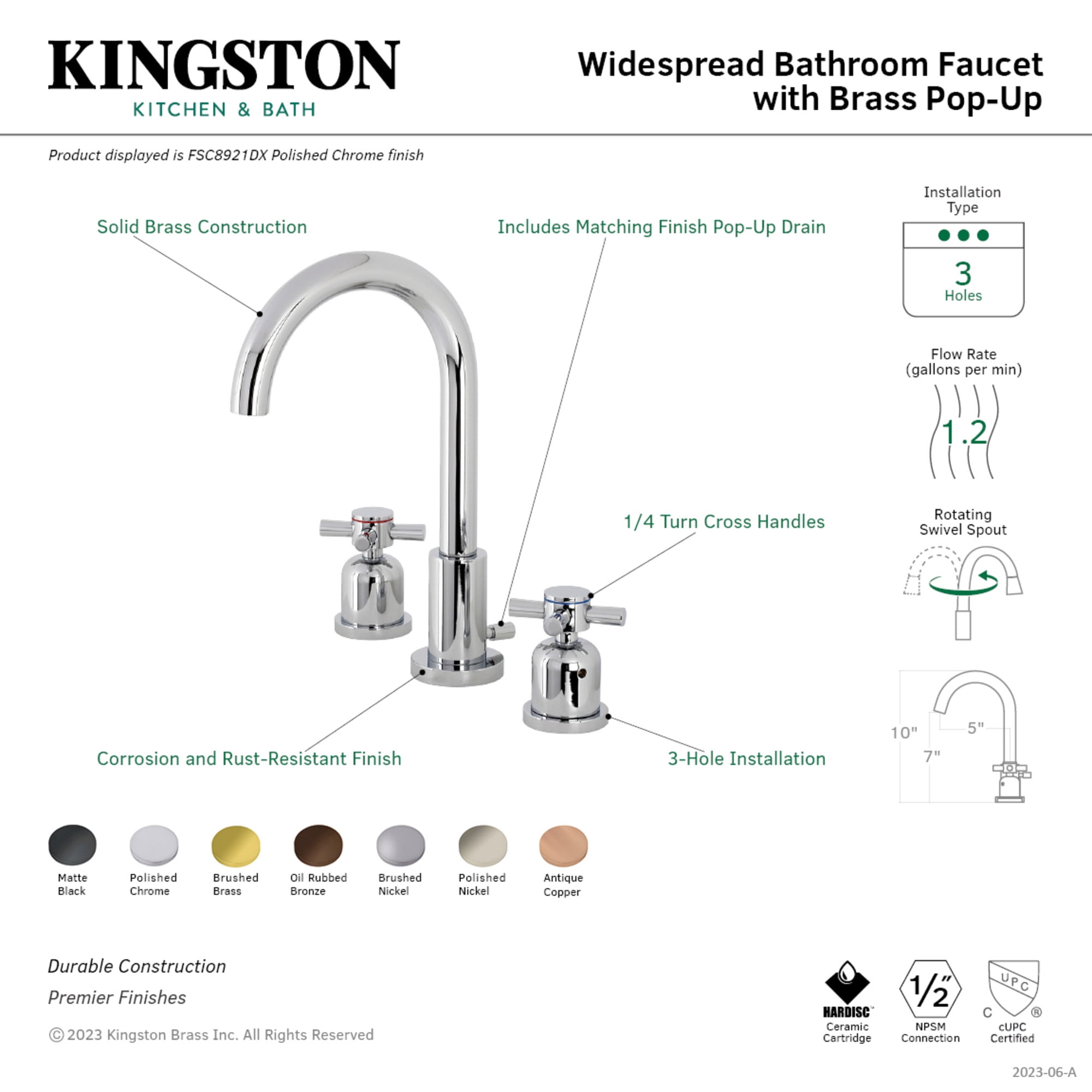 Kingston Brass FSC892DXAC Concord Widespread Bathroom Faucet with Brass Pop-Up, Antique Copper