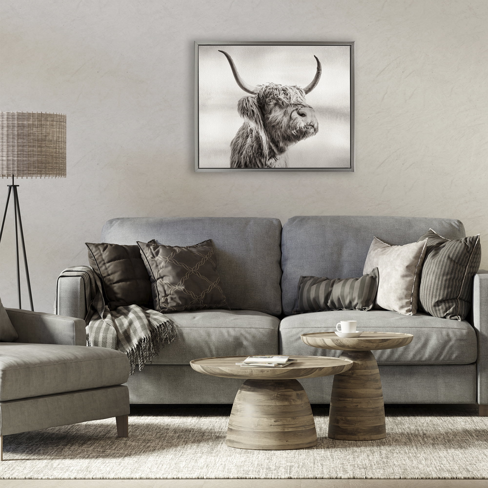 Stupell Industries Horned Highland Cow Gazing Gray Framed Floater Canvas Wall Art, design by Julia Frost