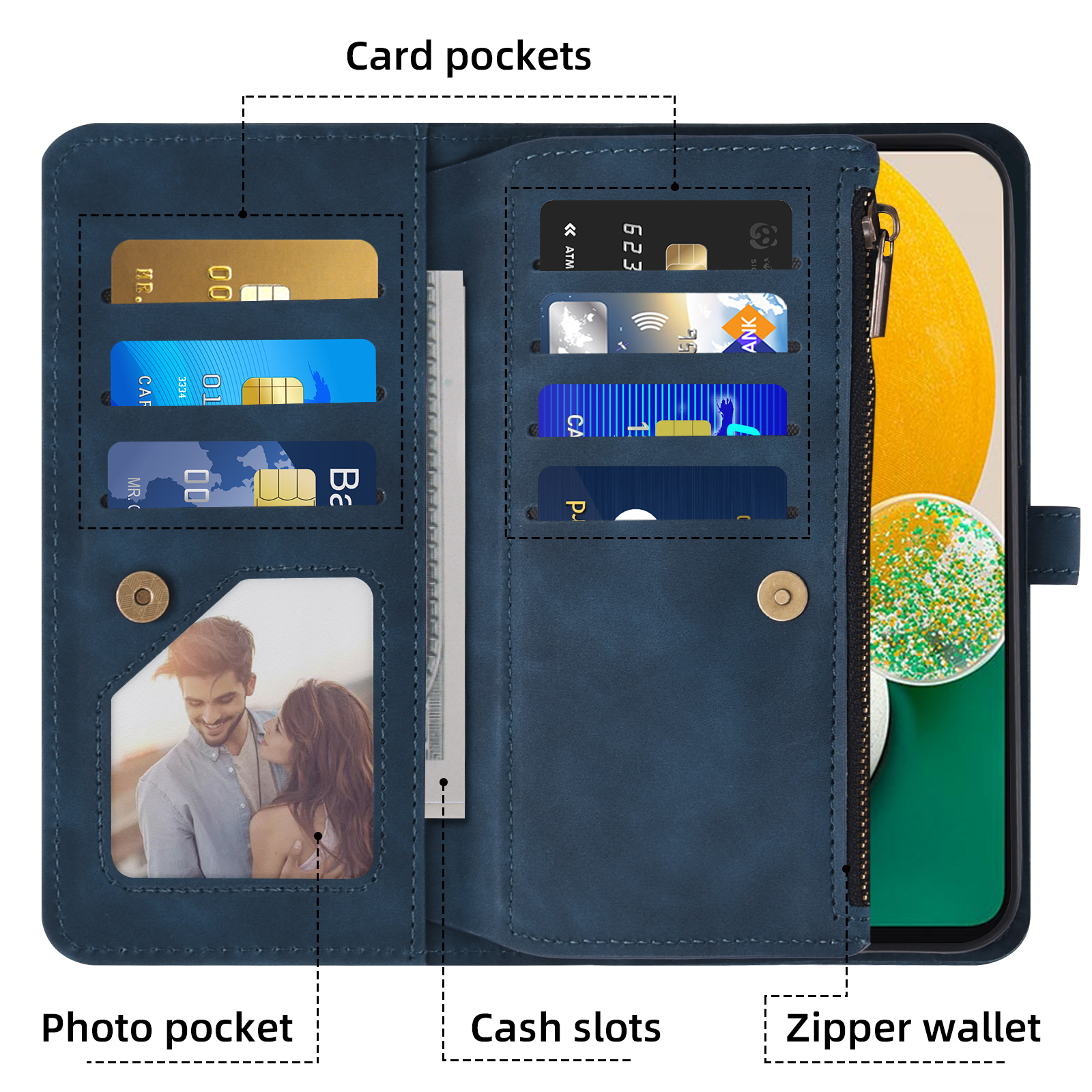 Asuwish Phone Case for Samsung Galaxy A13 4G/5G Wallet Cover With Tempered Glass Screen Protector Crossbody Wrist Strap Flip Pattern Zipper Credit Card Holder Cell A04s M13 G5 A 13 LTE 13A 2022 Blue