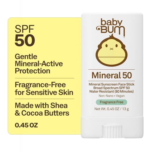 Sun Bum Baby Bum Gentle Mineral-Active Sunscreen Face Stick, SPF 50, Fragrance Free, 0.45oz