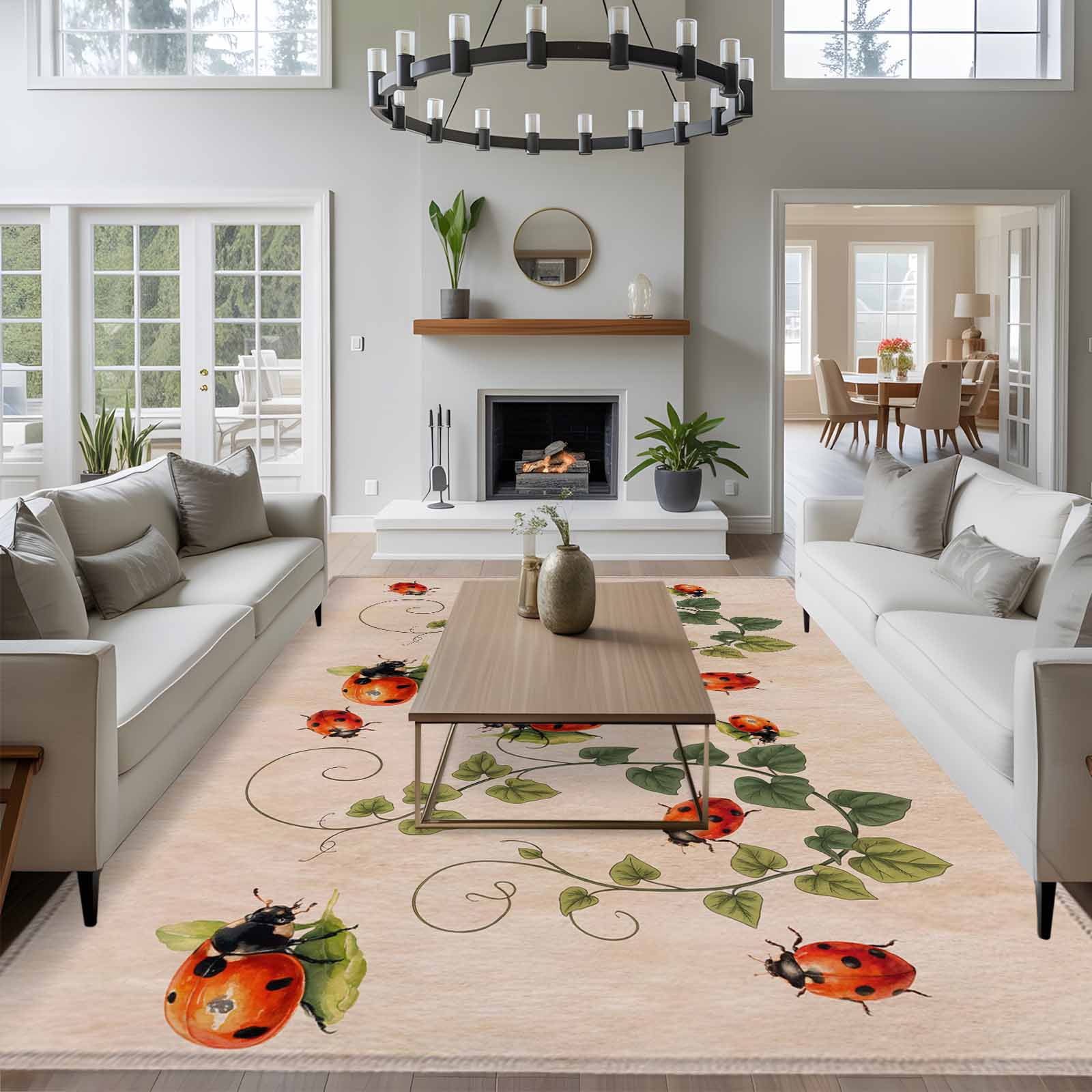 Ladybugs Eucalyptus Leaves Area Rugs 5'x7', Washable Small Throw Rugs for Laundry Room Playroom, Spring Botanical Vintage Indoor Outdoor Rug Non-Slip Low Pile Carpet Runner Reversible Floor Mats