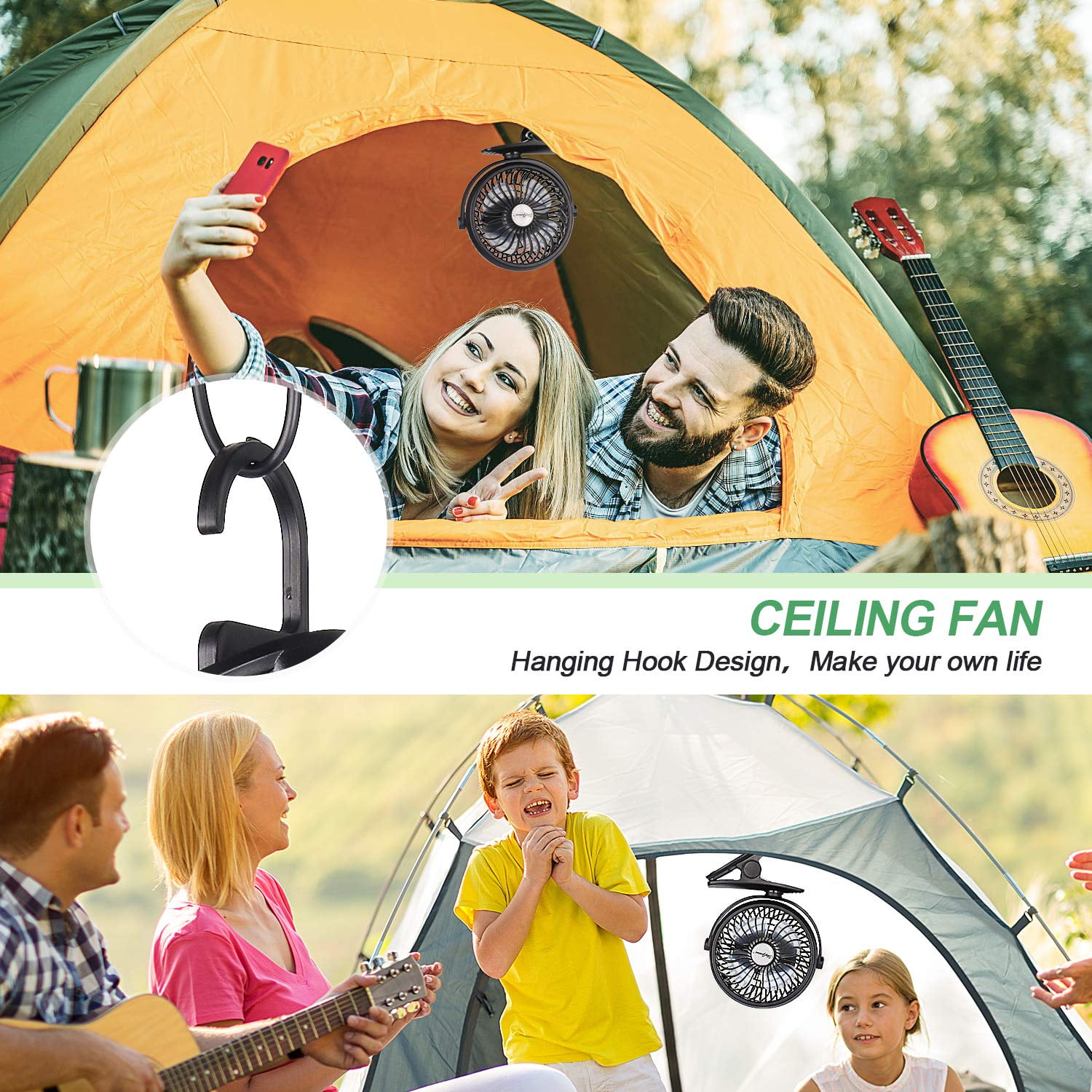 SkyGenius Portable Clip on Fan Battery Operated Fan with Hanging Hook Rechargeable Stroller Fan, Black