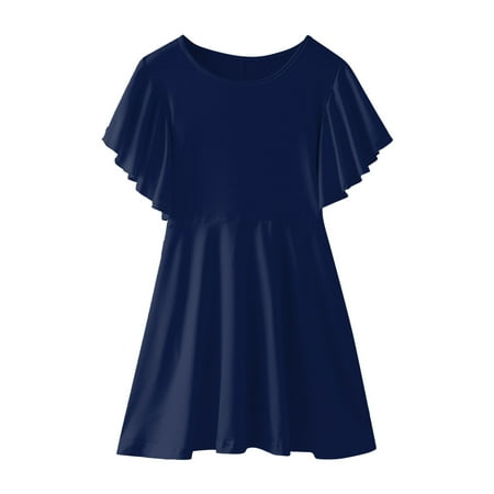 

CLZOUD Girls Party Dress Dark Blue Cotton Toddler Girls Dress Ruffle Sleeve Chiffon Bow Swing Pleated Soild Wedding Party Princess Dresse 150