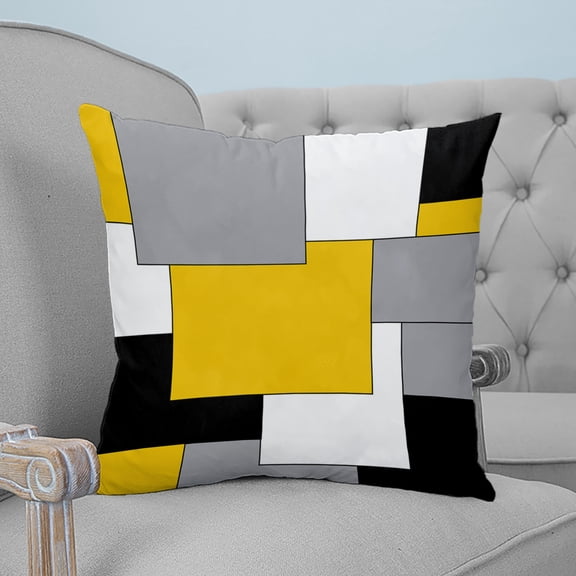 Yellow Grey Black Geometric Throw Pillow Covers, Soft Pillowcases with Invisible Zipper, Middle Century Art Abstract Square Pillow Cushion Covers for Living Room Couch Sofa Bed 16x16 Inches
