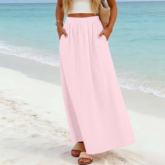 KANG Fashion Women's Solid Color Casual Midi Skirt Lightweight Breathable Elegant Everyday Wear Pink S