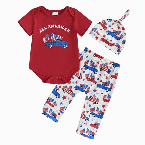 CAUYDY 4th of July Baby Boy Outfits Newborn Fourth of July Romper Pants Hat 3PCS Clothes Set for 3 6 9 12 18 Months Infant Boys Summer Fall Wear (Sizes 0-3 Months,Red)